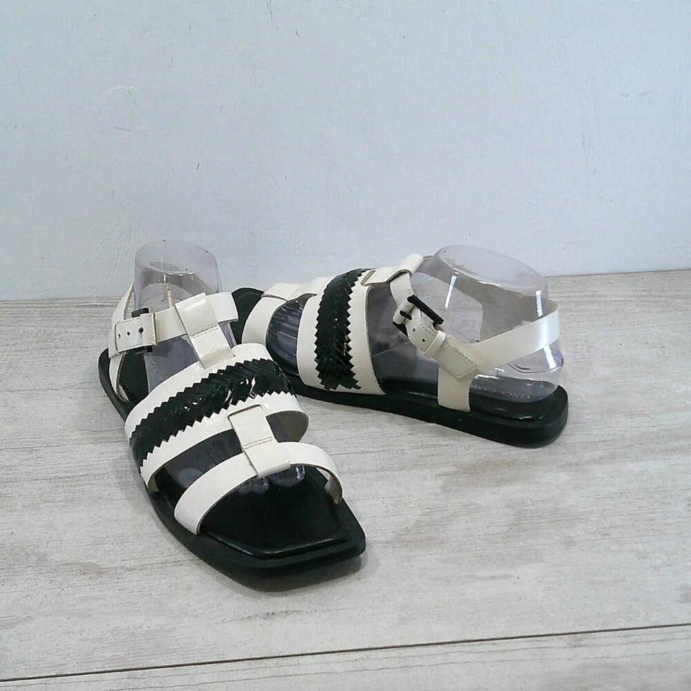 Vince Camuto Bachelen Leather Woven Black & Cream Flat Gladiator Sandals 9.5 M